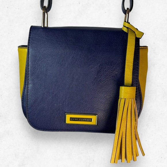 Kate Landry Navy Blue Mustard Yellow Faux Leather Magnetic Crossbody Bag‎ Purse - Picture 1 of 14